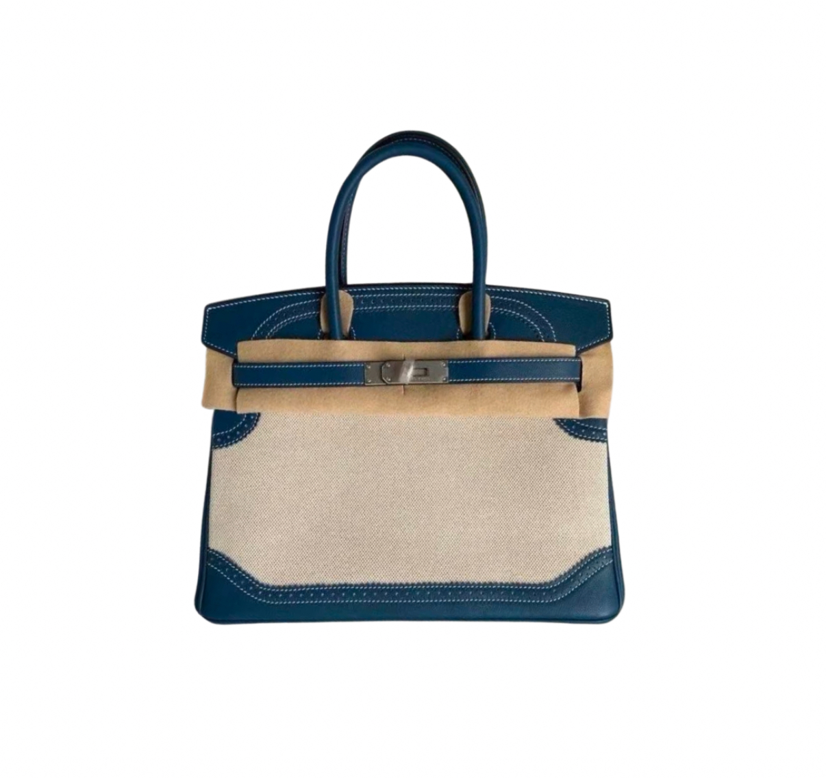 Hermès Birkin30 Blue de Prusse Swift and Toile Ghillies&Palladium Hardware