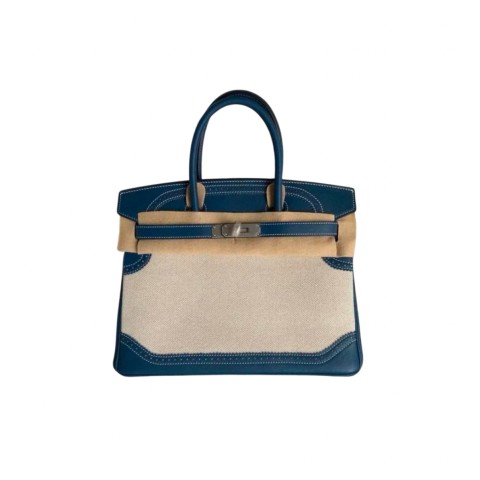 Hermès Birkin30 Blue de Prusse Swift and Toile Ghillies&Palladium Hardware