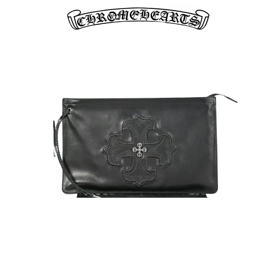 Chrome Hearts Black Leather Pouch with Cross Patch