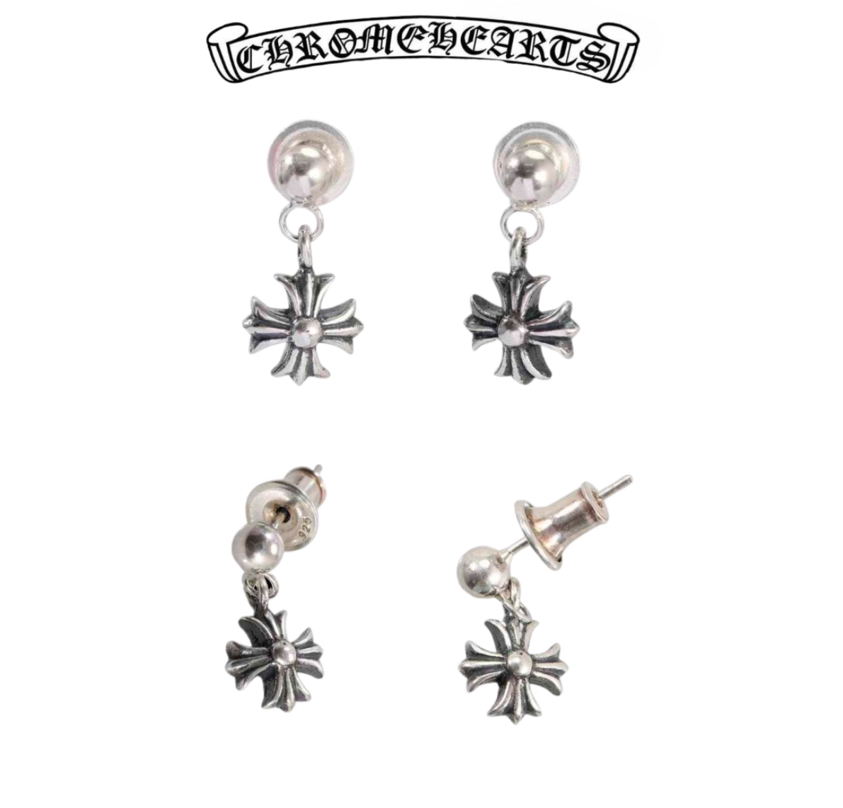 Chrome Hearts Silver Baby Fat Cross Drop Earring