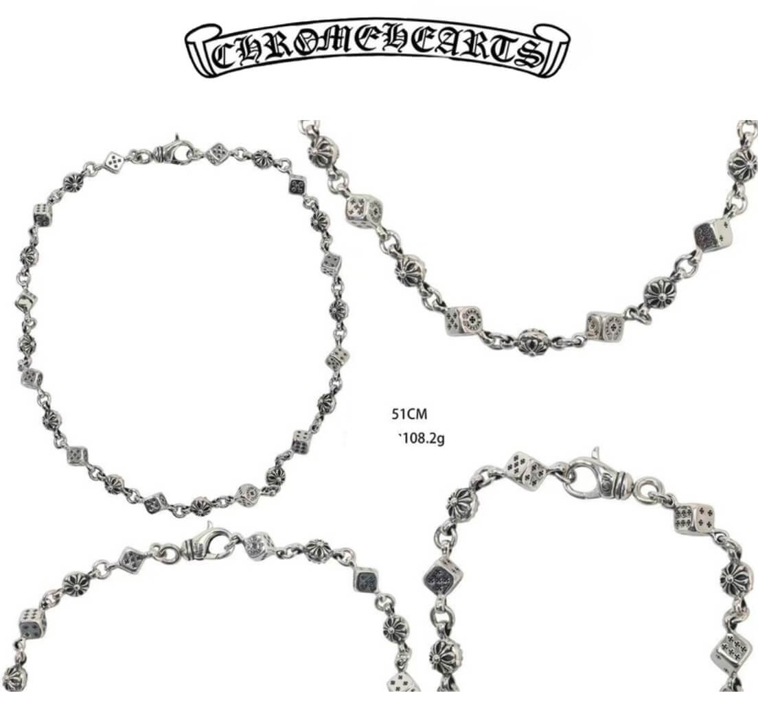 Chrome Hearts Silver Skull + Cross Round Bead Necklace(51cm)