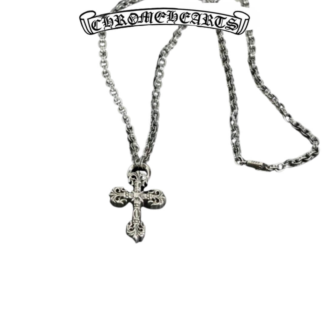 Chrome Hearts Silver Fixed Cross Flower Thick Ring Necklace (66cm)