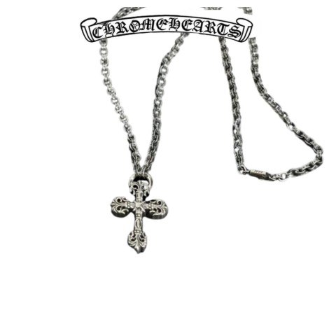 Chrome Hearts Silver Fixed Cross Flower Thick Ring Necklace (66cm)