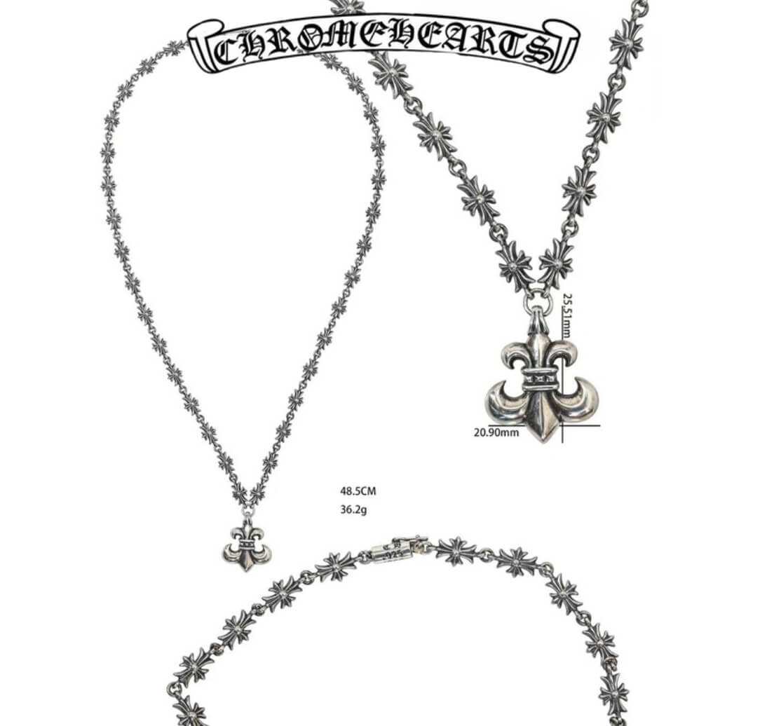 Chrome Hearts Silver Little Scout Flower Pendant + Small Cross Necklace (48cm)