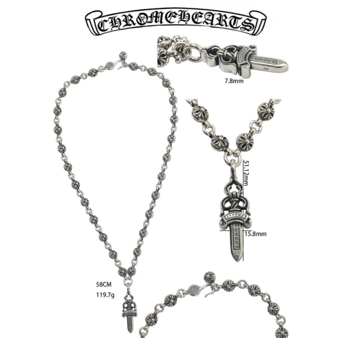 Chrome Hearts Silver Dagger Fixed Cross Round Bead Necklace (58cm)