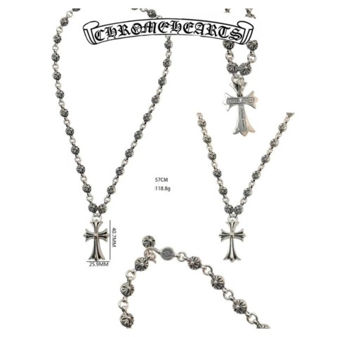 Chrome Hearts Silver Cross Round Bead Pendant Necklace (57cm)