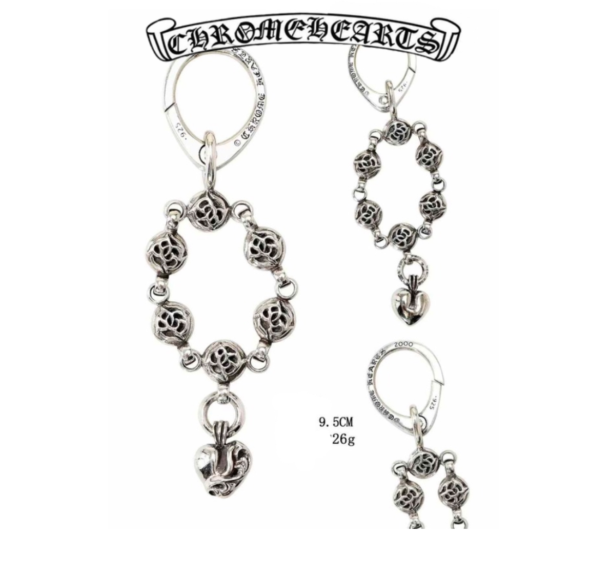 Chrome Hearts Silver Bud Round Bead Heart Keychain