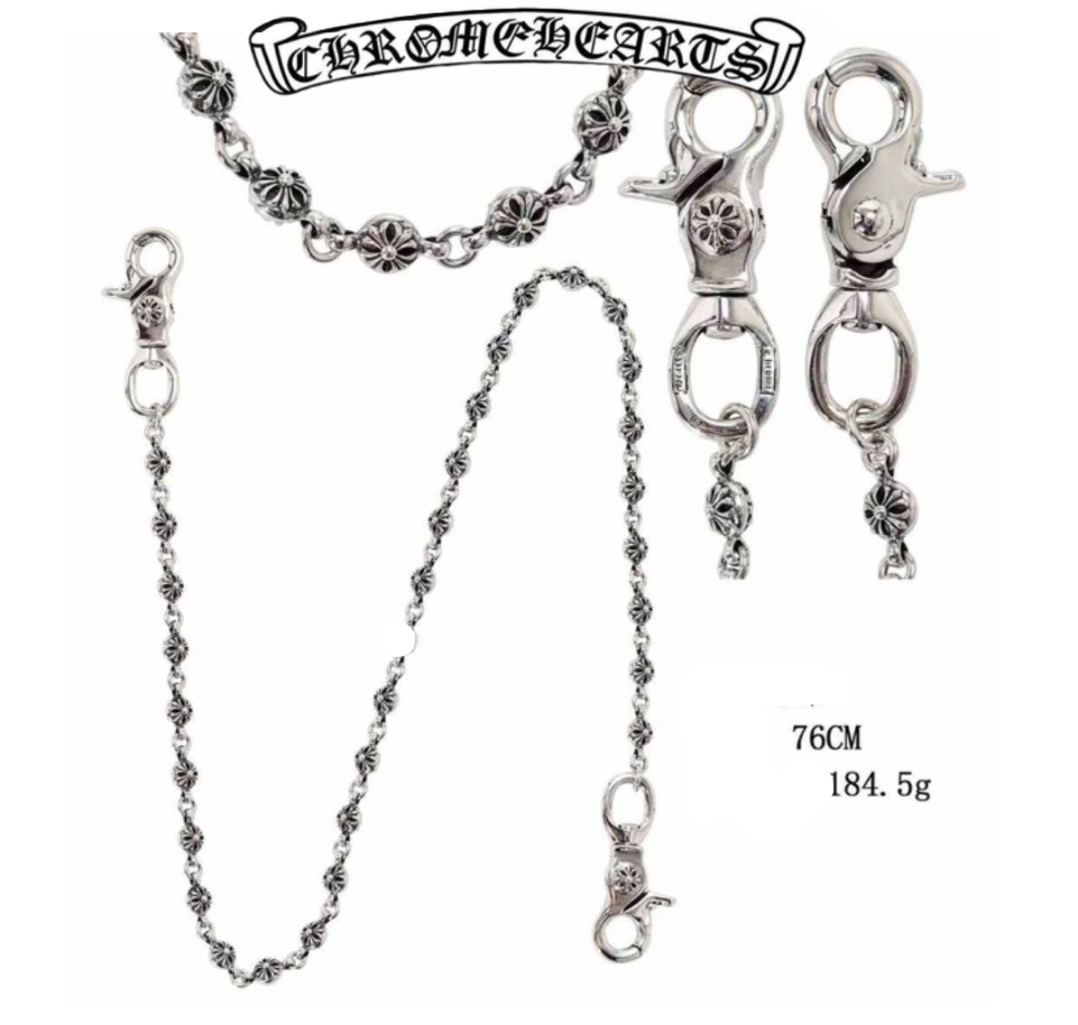 Chrome Hearts Silver Double Hook Cross Round Bead(76cm)