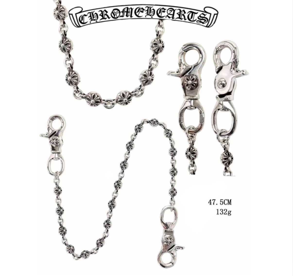 Chrome Hearts Silver Double Hook Cross Round Bead(48cm)