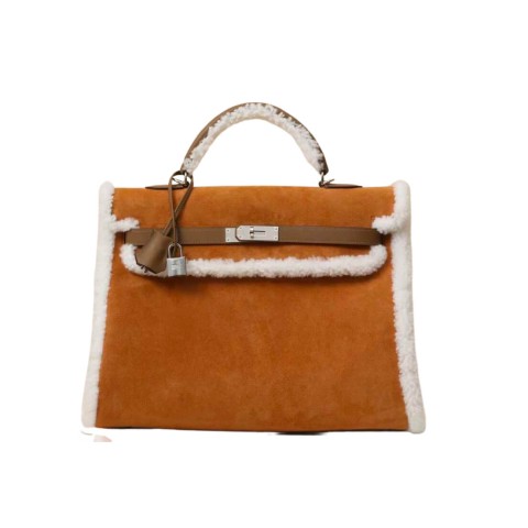 Hermès Kelly35 Teddy Shearling Chamois /Ecru/ Alezan/Suede Leather&Palladium Hardware