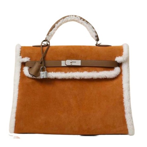 Hermès Kelly35 Teddy Shearling Chamois /Ecru/ Alezan/Suede Leather&Palladium Hardware