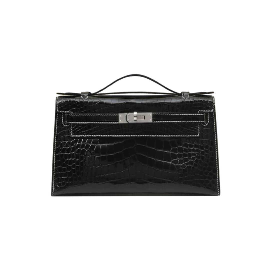 Hermès Kelly Pochette Noir Shiny Alligator&Palladium Hardware