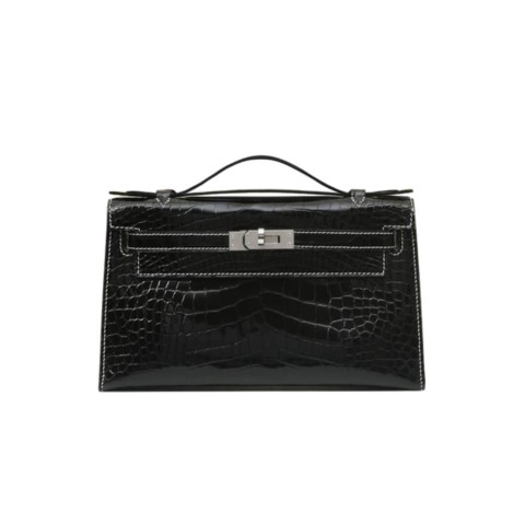 Hermès Kelly Pochette Noir Shiny Alligator&Palladium Hardware