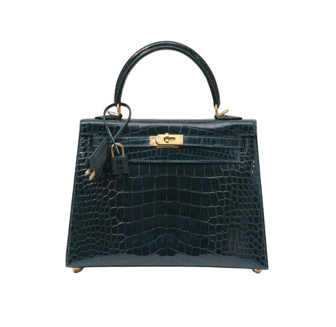 Hermès Kelly25 Sellier Vert Rousseau Shiny Alligator&Gold Hardware