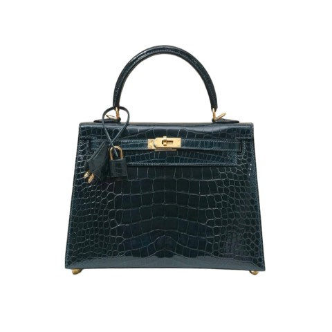 Hermès Kelly25 Sellier Vert Rousseau Shiny Alligator&Gold Hardware