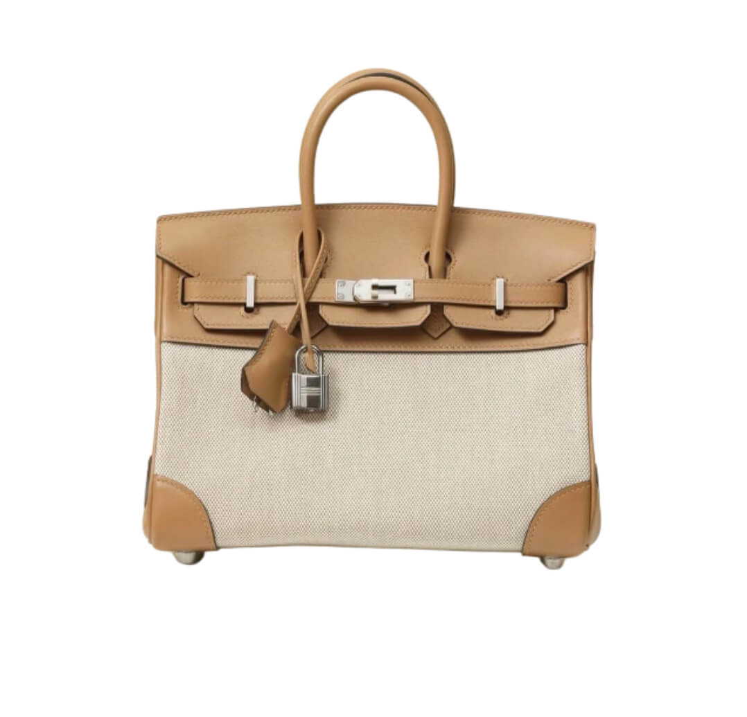 Hermès Birkin25 Chai Swift and Ecru Toile Quadrille&Palladium Hardware