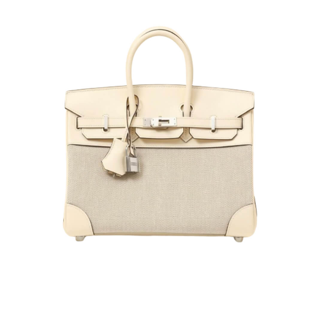 Hermès Birkin25 Nata Swift and Ecru Toile Quadrille &Palladium Hardware,