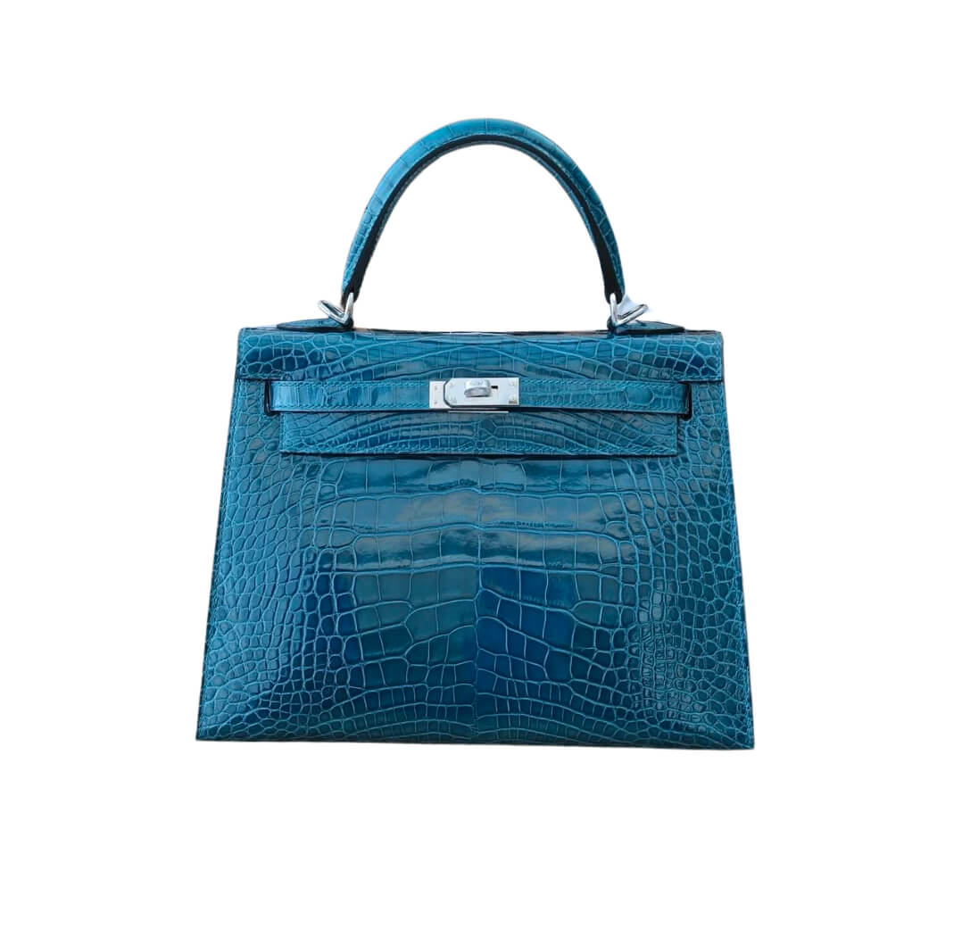 Hermès Kelly20 Sellier Blue Tempete Shiny Porosus Crocodile Leather& Palladium Hardware