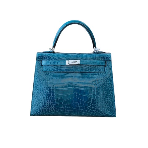 Hermès Kelly20 Sellier Blue Tempete Shiny Porosus Crocodile Leather& Palladium Hardware