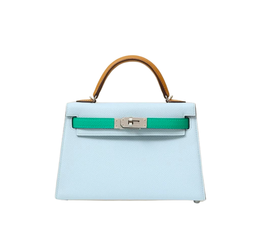 Hermès Mini Kelly Sellier Blue Brume, Sesame, and Vert Jade  Epsom&Palladium Hardware 