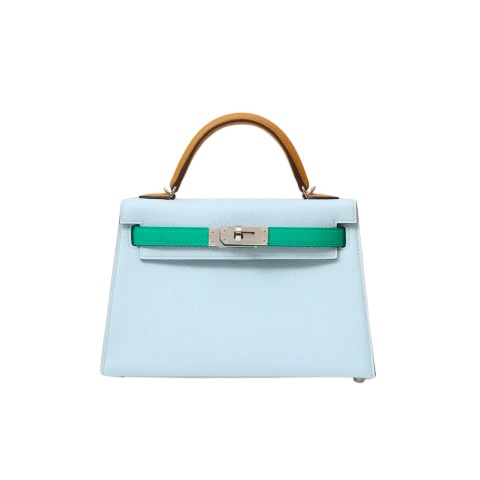 Hermès Mini Kelly Sellier Blue Brume, Sesame, and Vert Jade  Epsom&Palladium Hardware 