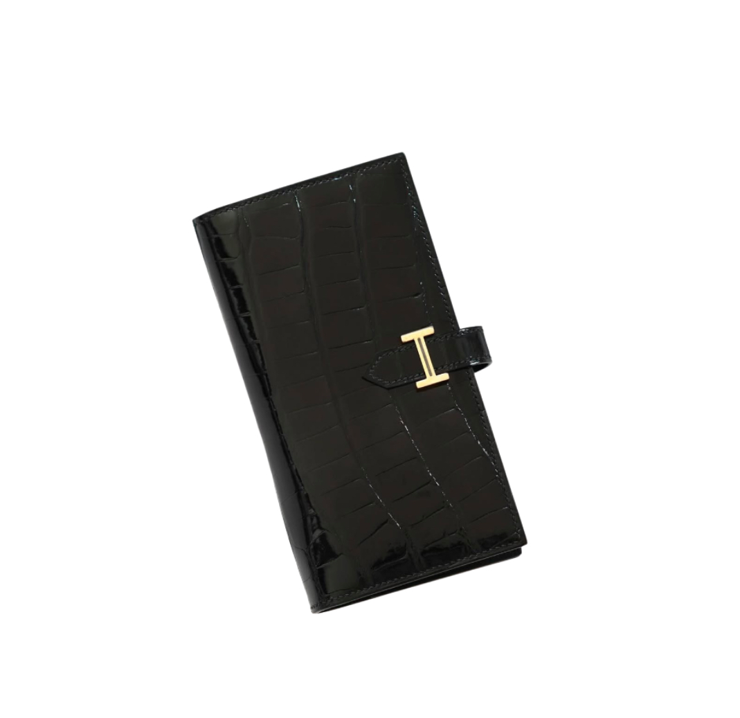 Hermès Bearn Wallet Shiny Alligator&Gold Hardware Black