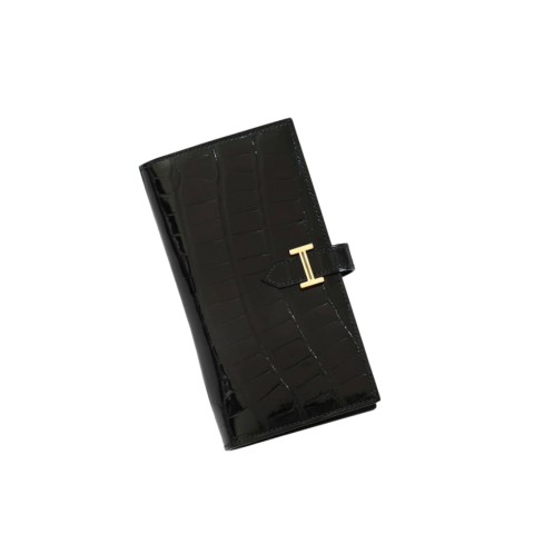 Hermès Bearn Wallet Shiny Alligator&Gold Hardware Black