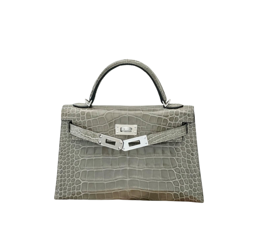 Hermès Mini Kelly Gris Tourterelle Shiny Crocodile&Palladium Hardware