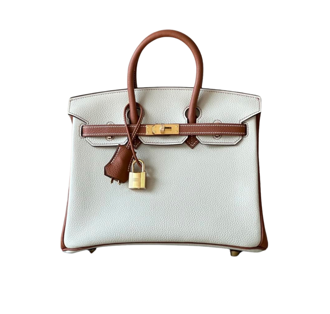 Hermès Birkin25 White and Gris Tourterelle Clemence&Gold Hardware