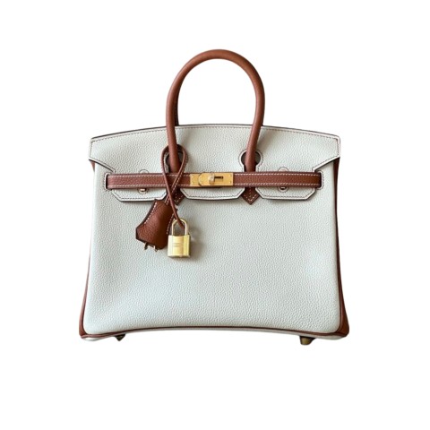 Hermès Birkin25 White and Gris Tourterelle Clemence&Gold Hardware