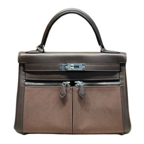 Hermès Kelly Lakis 40 Chocolate Calf Box and Officier Toile&Palladium Hardware