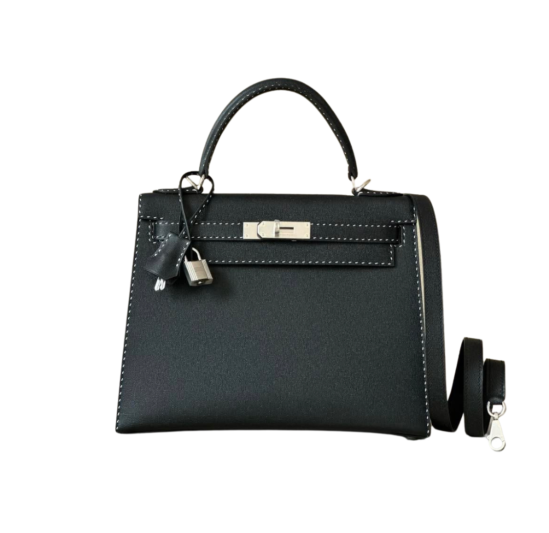 Hermès Kelly28 Black Un Point Sur Deux Veau Graine Monsieur& Palladium Hardware