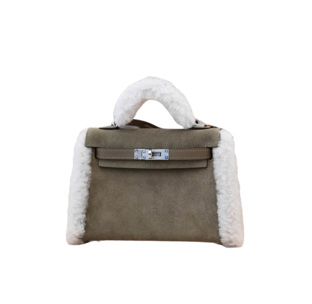 Hermès Mini Kelly Teddy Pluch Gris Caillou Grizzly Shearling and Etoupe Swift Leather&Palladium Hardware