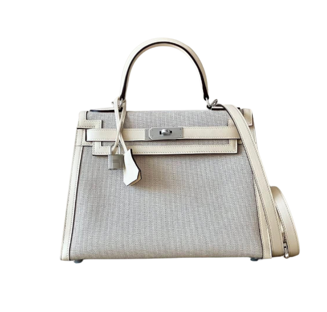 Hermès Kelly28 Retourne in Nata Swift and Ecru Toile&Palladium Hardware