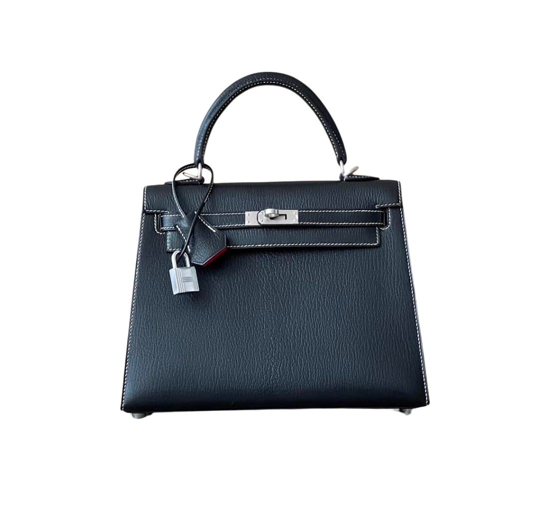 Hermès Kelly25 Black Un Point Sur Deux Veau Graine Monsieur& Palladium Hardware