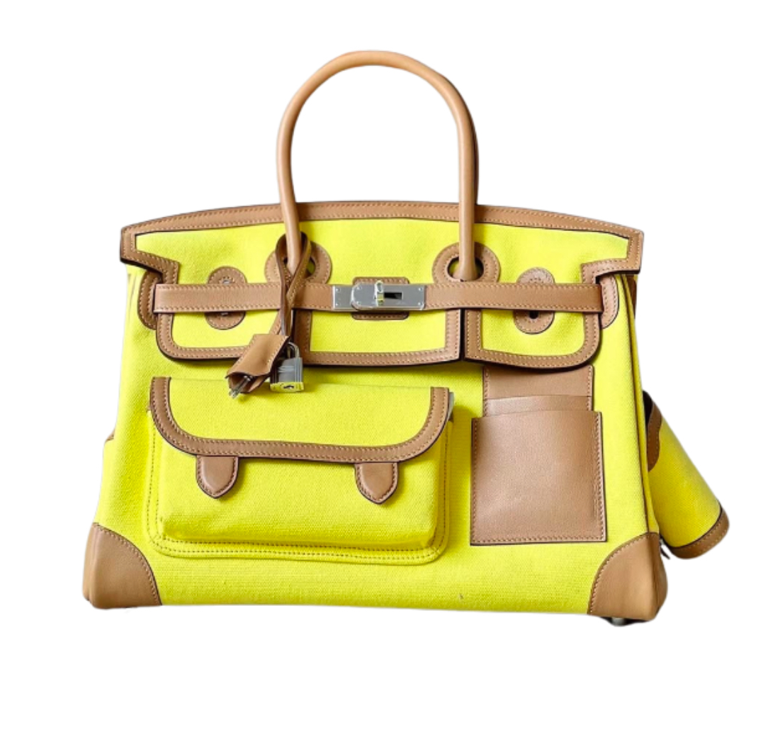 Hermès Birkin35 Cargo Limited Edition  in Jaune Citron and Chai Canvas and Swift Leathe&Palladium Hardware