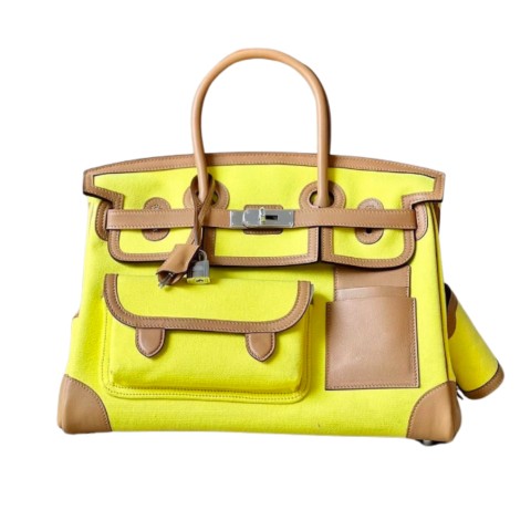 Hermès Birkin35 Cargo Limited Edition  in Jaune Citron and Chai Canvas and Swift Leathe&Palladium Hardware