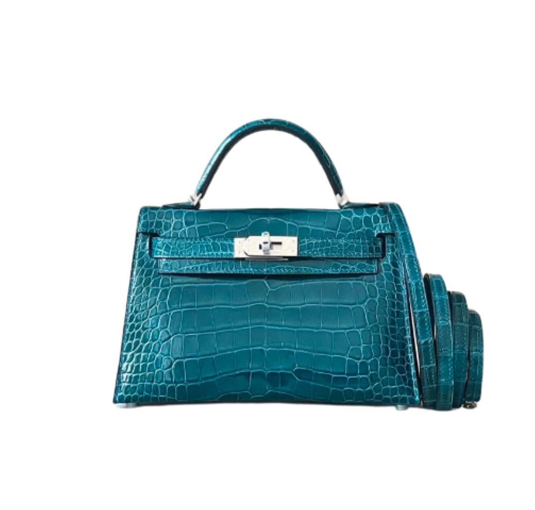 Hermès Mini Kelly Blue Izmir Sellier Shiny Alligator Leather& Palladium Hardware