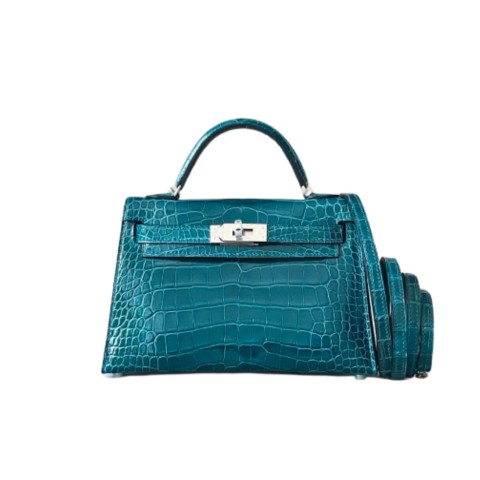 Hermès Mini Kelly Blue Izmir Sellier Shiny Alligator Leather& Palladium Hardware