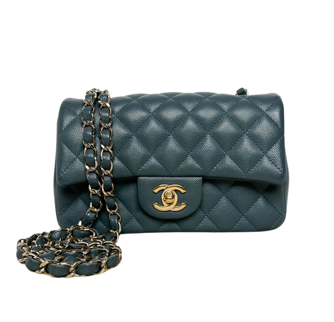 Chanel 20cm Square Flap Bag Caviar Silver Hardware Dark Green