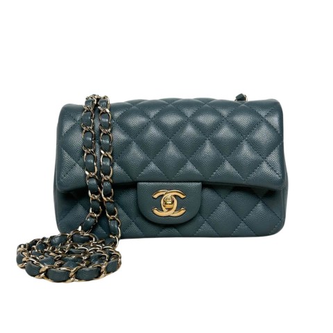 Chanel 20cm Square Flap Bag Caviar Silver Hardware Dark Green