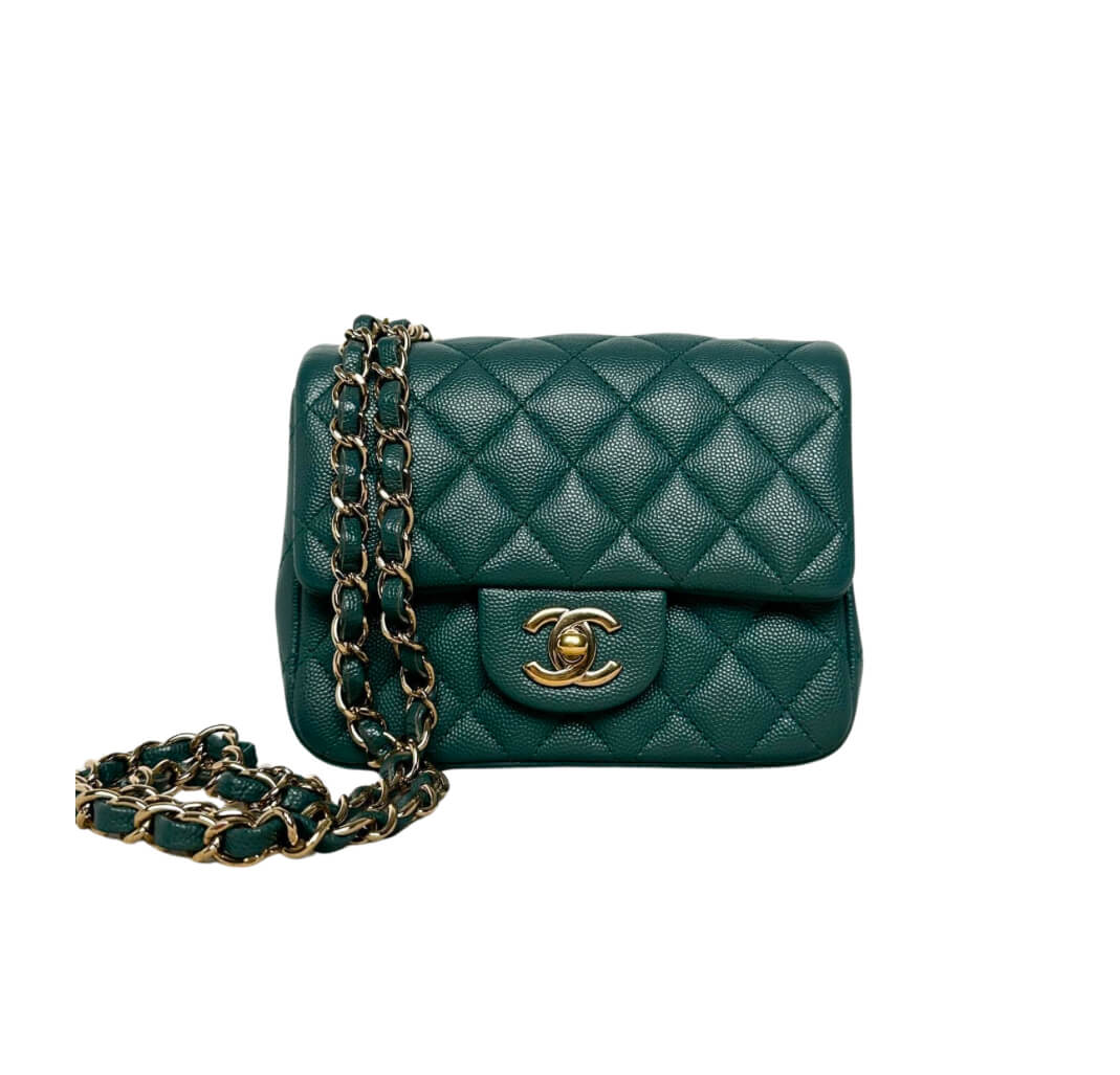 Chanel 17cm Square Flap Bag Caviar Silver Hardware Dark Green