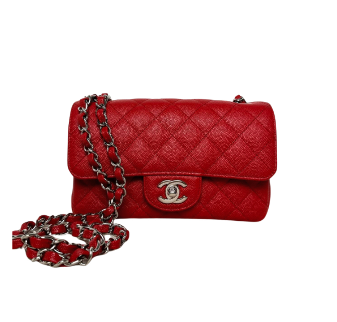 Chanel 20cm Classic Flap Bag Leather Square &Silver Hardware Red Quilted