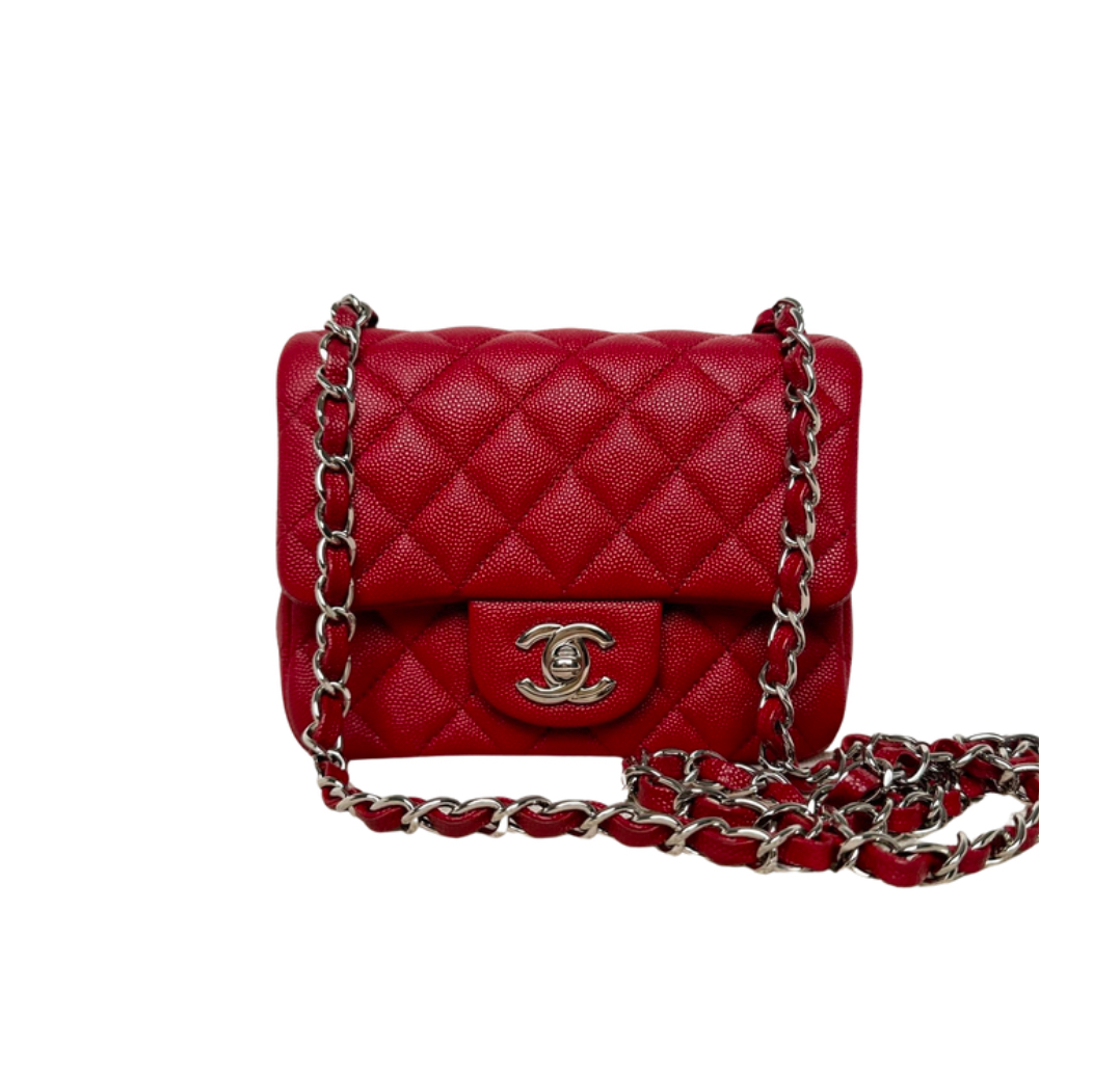 Chanel 17cm Classic Flap Bag Leather Square &Silver Hardware Red Quilted