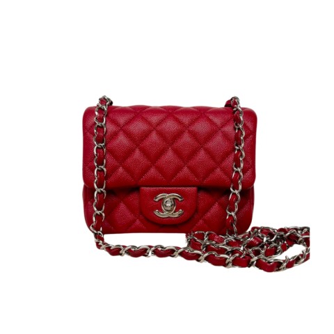 Chanel 17cm Classic Flap Bag Leather Square &Silver Hardware Red Quilted