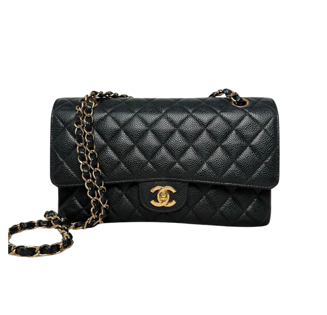 Chanel 20cm Classic Handbag Grained Calfskin & Gold Black