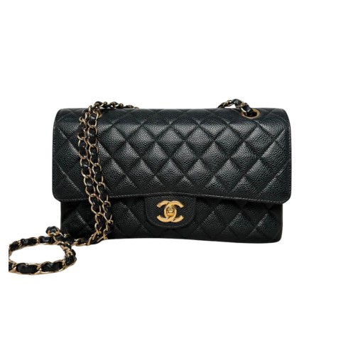 Chanel 20cm Classic Handbag Grained Calfskin & Gold Black