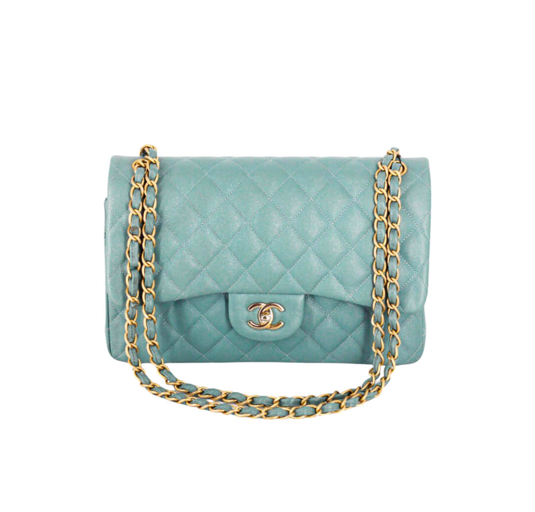 Chanel 20cm Classic Flap/Green Caviar Silver Hardware Tiffany Blue