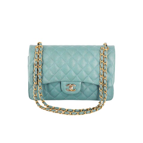 Chanel 20cm Classic Flap/Green Caviar Silver Hardware Tiffany Blue