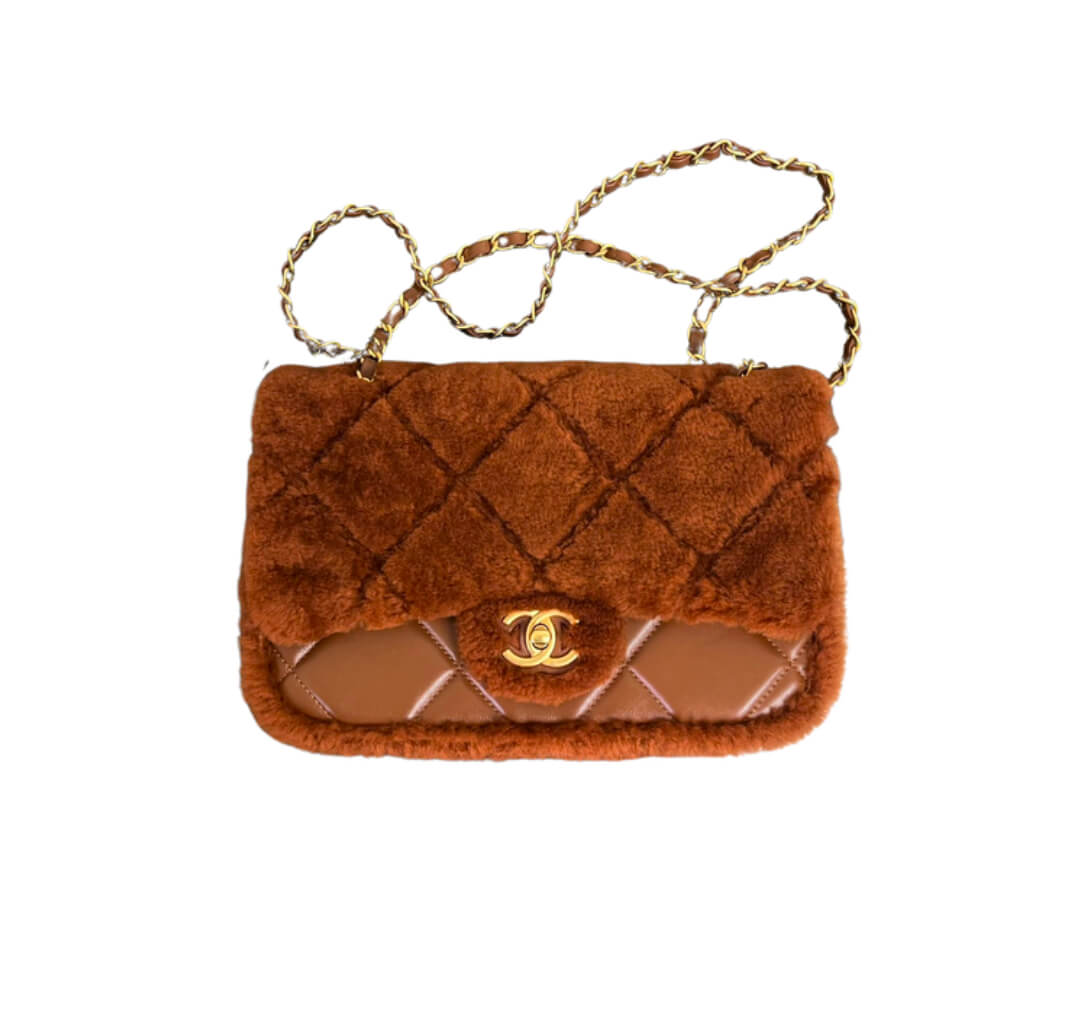 Chanel 17cm Shearling Flap Bag Lambskin Brushed&Gold Hardware , Brown